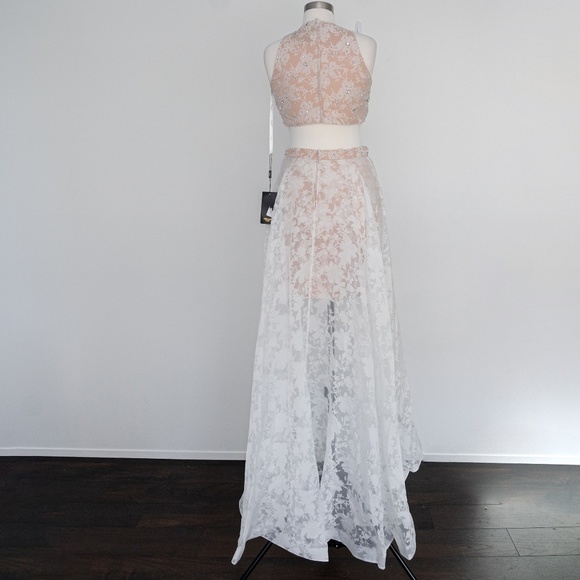 TERANI. Two Piece Halter Lacy Patterend Prom High Low Ball Gown - Picture 6 of 16